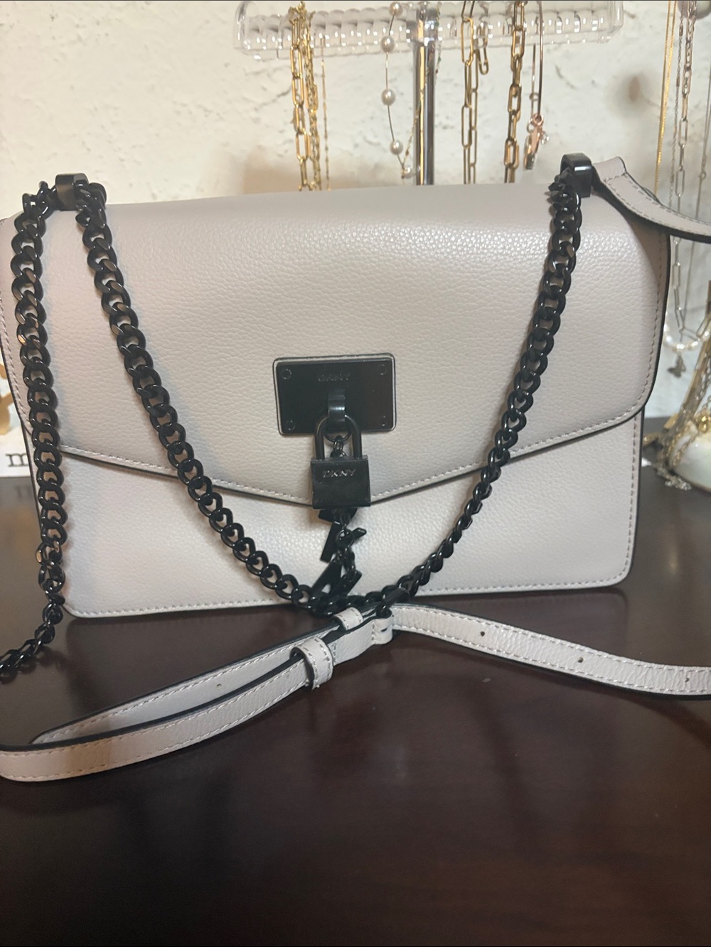 DKNY Pebbled Leather gray  Crossbody with Black Chain Trim